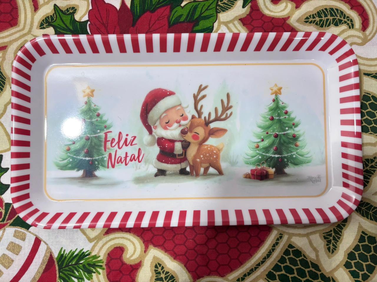 Bandeja Natalina Retangular 30x17cm - Papai Noel e Rena