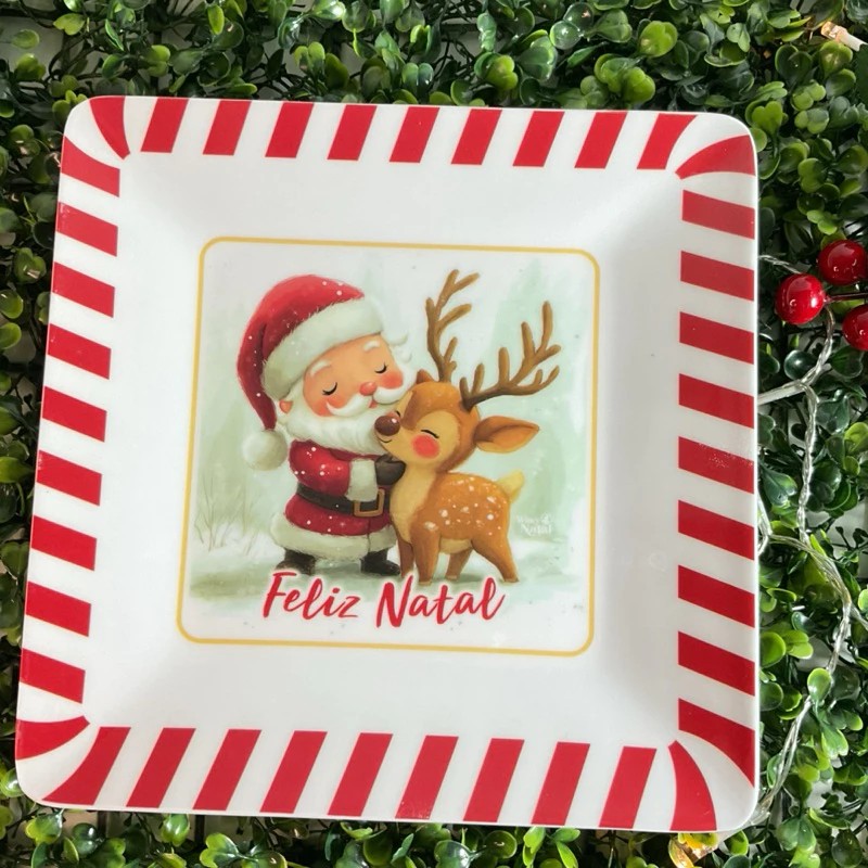 Prato Decorativo 21x21 cm – Papai Noel e Rena (Feliz Natal)